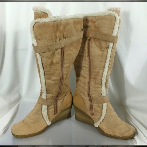 Tan Women's Fleece Trimmed Side Zipper 3” Wedge Heels Suede 14” Boots Size 8 M - Picture 6 of 9
